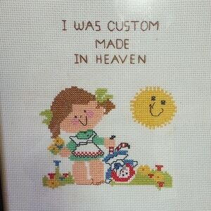 Vintage Counted Cross Stitch Colorful Christian Sampler, Child w/ Doll & Flowers